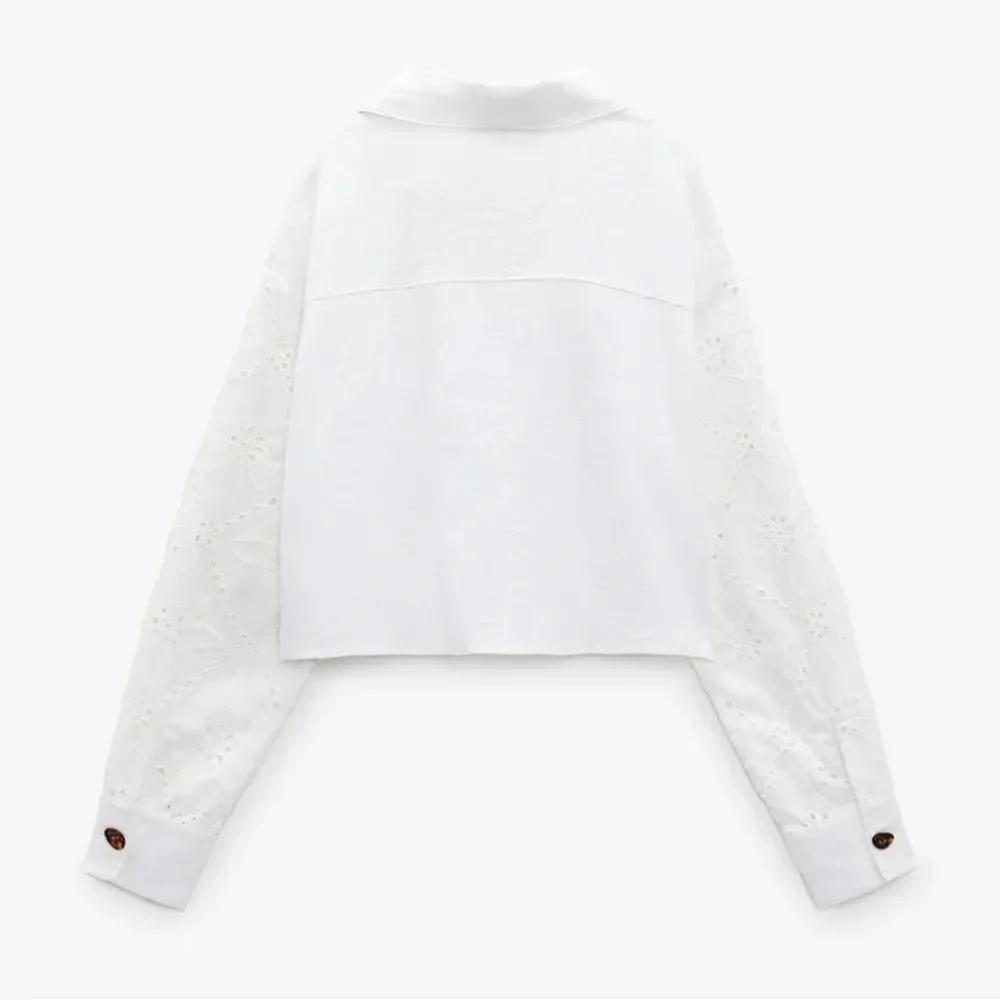 ZARA White Linen Blend Eyelet Long Sleeve Crop Top Size M